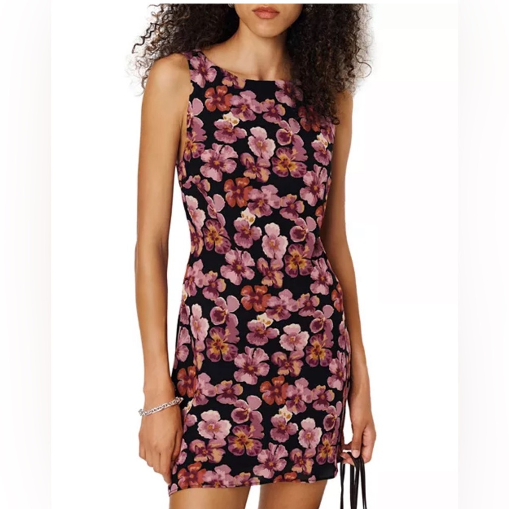 Reformation Black Floral Mini Dress with Pink Blossoms